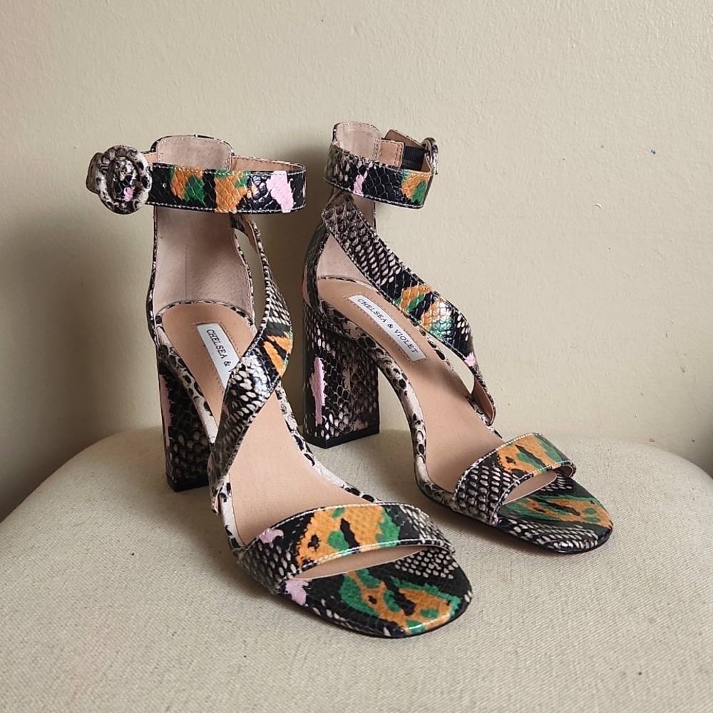 Chelsea & Violet Bree Snake Print Block Heel Sand… - image 2